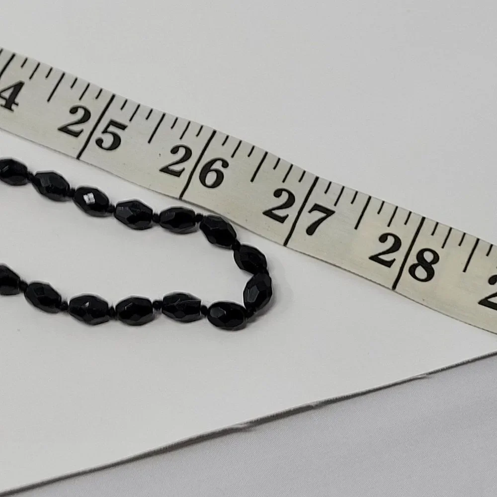 Vintage Signed Austrian Black Glass Beaded Flapper‎ Necklace Oblong Bicone Long